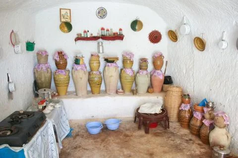 Kitchen of troglodyte home. Stock Photos