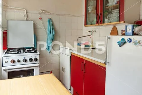 Kitchen of an Ukrainian appartment in soviet style Stock Photos