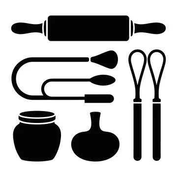Kitchen utensil collection featuring rolling pin and whisk icons Stock-Illustration