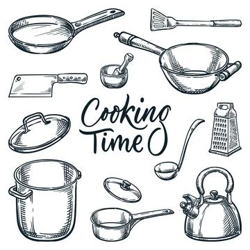 Kitchen utensil design elements set. Vector sketch illustration. Cooking and Stock Illustration