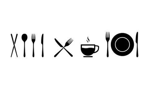 Kitchen utensil icon. Spoon, fork, knife, cup and plate sign. Vector on isola Stock Illustration
