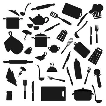 Kitchen utensil, kitchenware black silhouettes Stock Illustration