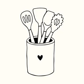 Kitchen utensil set in a ceramic holder decorated with a small heart Stock Illustration