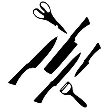 Kitchen Utensil Silhouette Set Featuring Knives, Scissors, and Peeler Stock Illustration