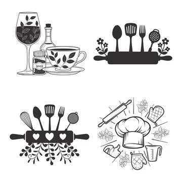 Kitchen utensil vector set with chef hat and rolling pin silhouette Stock Illustration