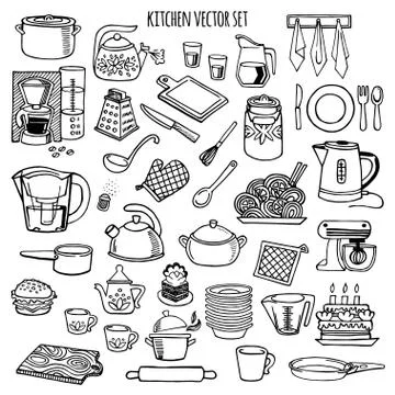 Kitchen utensils and appliance vector icons set. Stock Illustration