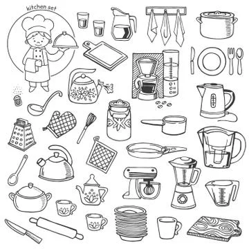 Kitchen utensils and appliances vector icons set Stock Illustration