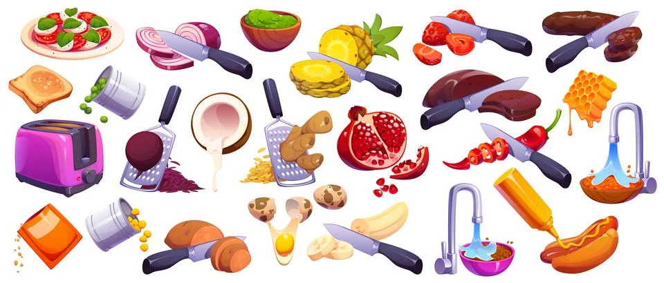 Kitchen utensils and cooking process set 库存插图
