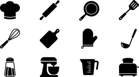 Kitchen Utensils and Cooking Tools Silhouette Icons Set. Stock Illustration