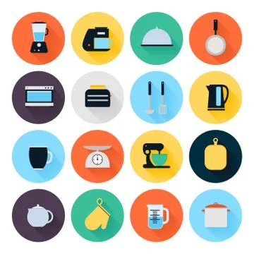 Kitchen utensils and cookware flat icons set Stock Illustration