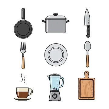 Kitchen utensils and cookware Stock Illustration