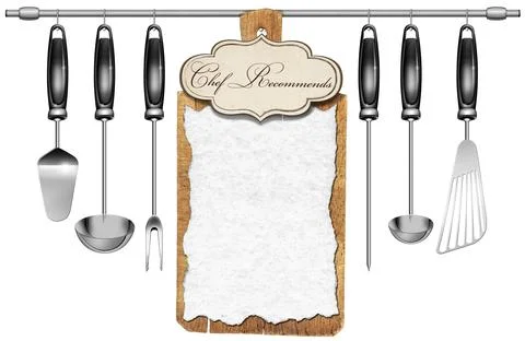 Kitchen Utensils and an Empty Cutting Board with Text Chef Recommends Stock Photos