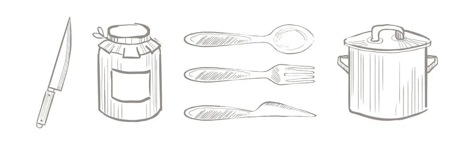 Kitchen Utensils and Kitchenware Hand Drawn Item and Object Vector Set Illustrazione stock