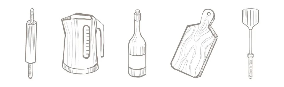 Kitchen Utensils and Kitchenware Hand Drawn Item and Object Vector Set Stock Illustration