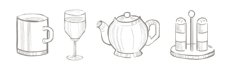 Kitchen Utensils and Kitchenware Hand Drawn Item and Object Vector Set Stock Illustration