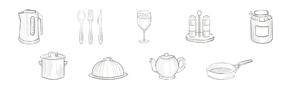 Kitchen Utensils and Kitchenware Hand Drawn Item and Object Vector Set Stock Illustration