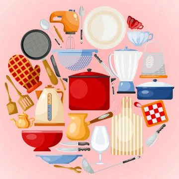 Kitchen utensils and tool round vector illustration set. Kitchenware for cooking 스톡 일러스트