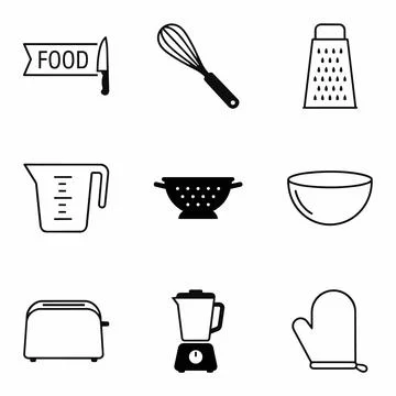 Kitchen utensils and tools icons set, food preparation, cooking symbols Sil.. Stock Illustration