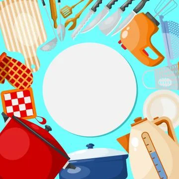 Kitchen utensils and tools round vector illustration pattern. Kitchenware for Stockillustratie