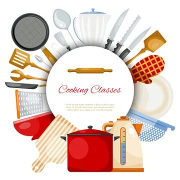 Kitchen utensils and tools round vector illustration pattern. Kitchenware for Stock Illustration