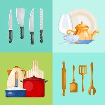 Kitchen utensils and tools web banner vector illustration. Kitchenware for Stock Illustration