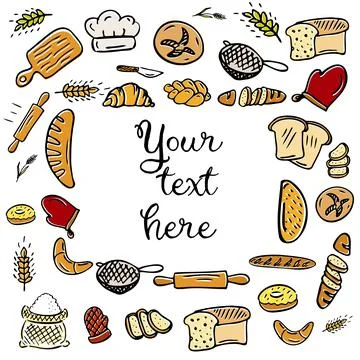 Kitchen utensils background. Bakery backdrop drawing with your text here. Vector 스톡 일러스트