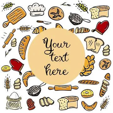 Kitchen utensils background. Bakery backdrop drawing with your text here. Vector Stock Illustration