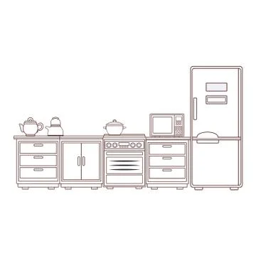 Kitchen with utensils brown lines Illustrazione stock