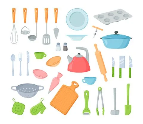Kitchen utensils. Cartoon cooking tools and kitchen utensils, dishes cups pan Stock Illustration