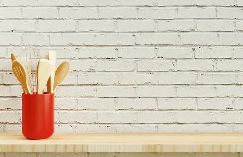 Kitchen utensils in a ceramic container, 3d rendering Stock Illustration