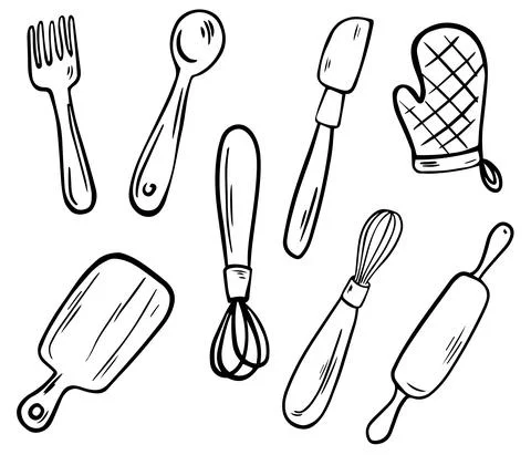 Kitchen utensils collection. Kitchen tools, Line art. Fork, knife, pot, holde Stock Illustration