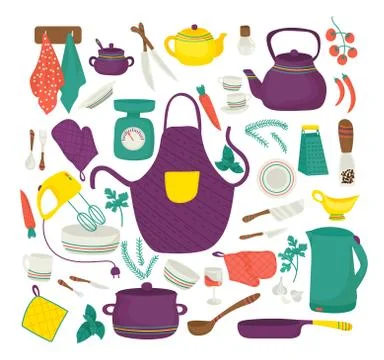 Kitchen utensils for cooking, kitchenware set, collection of icons symbolizing Stock Illustration