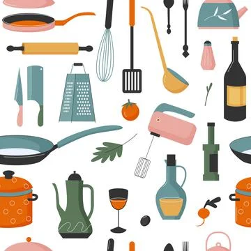 Kitchen utensils for cooking seamless pattern, cute household kitchenware chef 스톡 일러스트