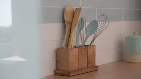 Kitchen Utensils on Countertop in Modern Rustic Kitchen Interior Stock Footage 337231429