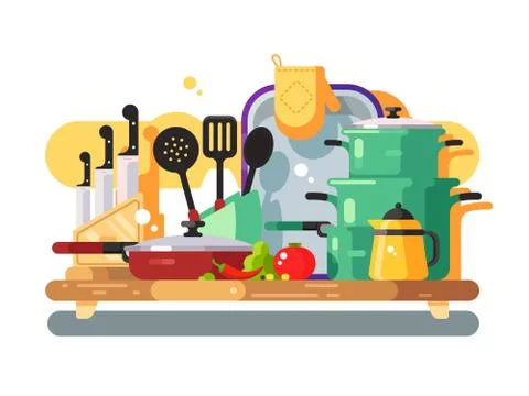 Kitchen utensils design flat Stock Illustration
