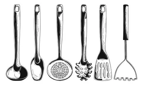 Kitchen utensils. Different spoons and other accessories. Stock Illustration