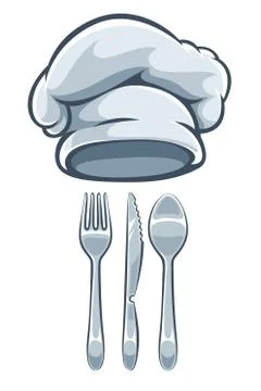 Kitchen utensils fork knife spoon and cooks cap Stock Illustration
