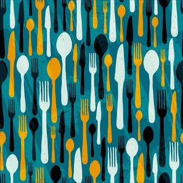 Kitchen utensils fork, knife, spoon in doodle style seamless pattern backgrou Stock Illustration