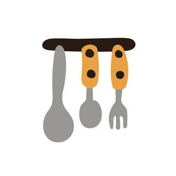 Kitchen utensils hanging on a rack, including a spoon, fork with yellow handles Stock Illustration