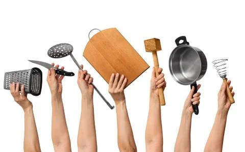 Kitchen utensils in human hands Stock Photos