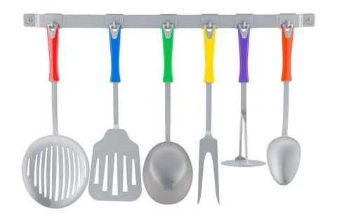 Kitchen utensils on a kitchen hook strip, 3D rendering Stock Illustration