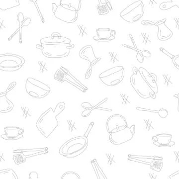 Kitchen utensils outline seamless pattern. Stock Illustration
