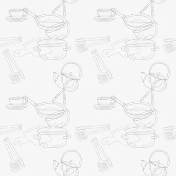 Kitchen utensils outline seamless pattern. Stock Illustration