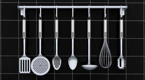 Kitchen utensils on a rack Stock Illustration