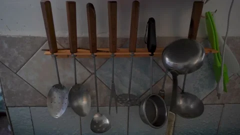 Kitchen utensils, retro style, rustic kitchen Stock Footage 220488663