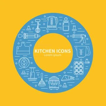 Kitchen utensils in round frame Stock Illustration