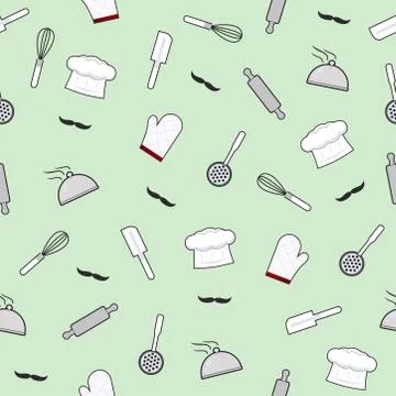 Kitchen utensils seamless pattern on green background, kitchen tools cooking  イラスト素材