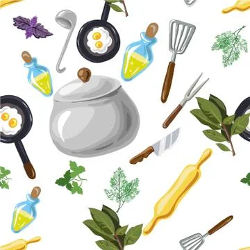 Kitchen utensils seamless pattern. Hand drawn pop-art cartoon style. Vector Stock Illustration