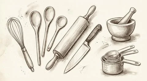 Kitchen utensils set of baking cooking tools isolated on white background Stock Illustration
