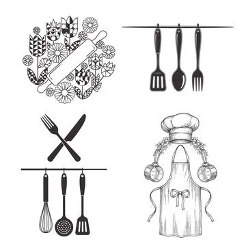 Kitchen Utensils Set Chef Hat Apron Rolling Pin Floral Decoration Vector Illustrazione stock